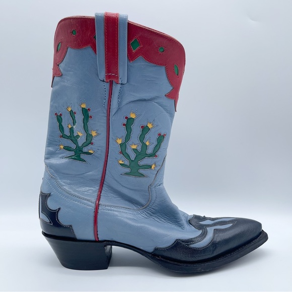 RELISTED Larry Mahan Prickly Pear Cactus Western Cowgirl Boots Blue Red Rodeo 7 - Picture 4 of 16